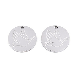 304 charmes en acier inoxydable, plat rond avec breloque pigeon