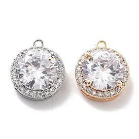 Brass Micro Pave Cubic Zirconia Pendants, with Glass, Flat Round Charms