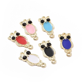 Alloy Enamel Connector Charms, Owl Links, with Jet Rhinestone, Light Gold