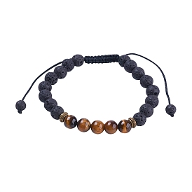 Adjustable Lava Rock Stone Essential Oil Diffuser Braided Bead Bracelets, with Tiger Eye Beads & Alloy Findings