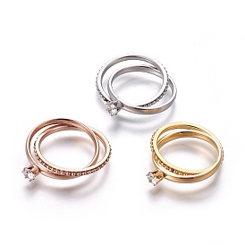 304 Stainless Steel Finger Rings, with Cubic Zirconia