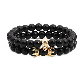 Skull Crown Bracelet with Micro Pave Zirconia and 8mm Black Agate Stone Set for Men's Fashion Jewelry