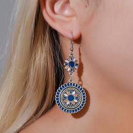 Ethnic style color drop oil long small daisy retro earrings palace style carved metal flower totem earrings