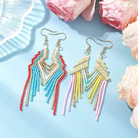 Nuggets Glass Seed Beaded Tassel Dangle Earrings, with 304 Stainless Steel Earring Hooks, Golden