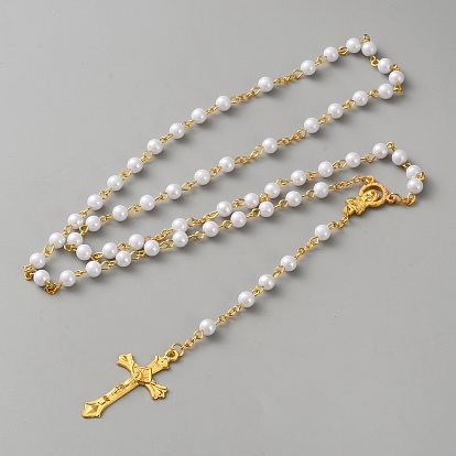 Подвеска в виде креста Девы Марии из сплава, круглые белые пластиковые четки из искусственного жемчуга