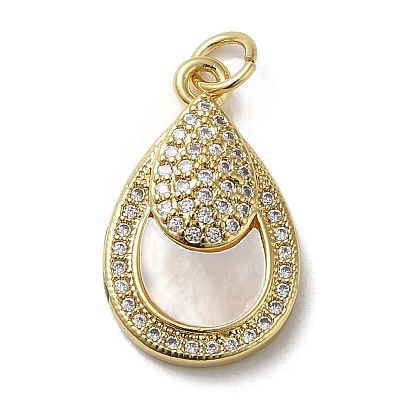 Brass Micro Pave Cubic Zirconia Pendants, with Shell, Teardrop