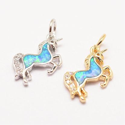 Brass Micro Pave Grade AAA Cubic Zirconia Pendants, with Synthetic Opal, Long-Lasting Plated, Unicorn, Cadmium Free & Nickel Free & Lead Free