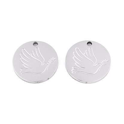 304 charmes en acier inoxydable, plat rond avec breloque pigeon