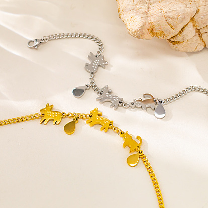 304 Stainless Steel Cat Deer Link Bracelets with Teardrop Charms for Women