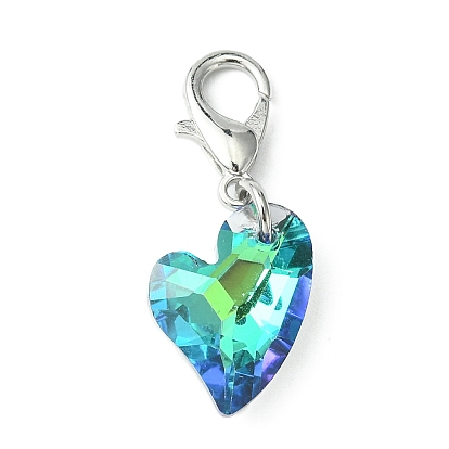 Heart Glass Pendant Decoration, with Zinc Alloy Lobster Claw Clasps