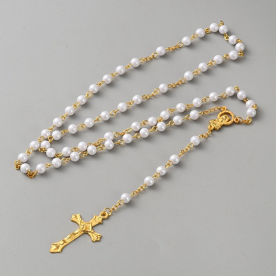 Подвеска в виде креста Девы Марии из сплава, круглые белые пластиковые четки из искусственного жемчуга