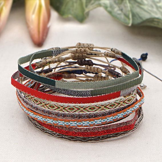 Vintage Bohemian Cotton Cord Braided Bracelets, Adjustable Handmade Ethnic Style Wristbands
