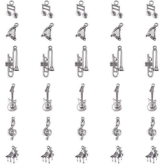 Sets of Musical Instruments Tibetan Style Alloy Pendants, Guitar, Harp, Trumpet, Piano, Musical Note, Treble Clef Pendants