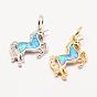 Brass Micro Pave Grade AAA Cubic Zirconia Pendants, with Synthetic Opal, Long-Lasting Plated, Unicorn, Cadmium Free & Nickel Free & Lead Free