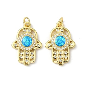 Brass Micro Pave Cubic Zirconia Pendants, with Synthetic Opal and Jump Ring, Hamsa Hand