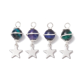 4Pcs 4 Colors Natural Tiger Eye(Dyed & Heated) Round Pendants, 304 Stainless Steel Star Charms