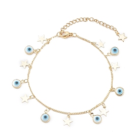 Glass Evil Eye Charm Bracelets, with Brass Curb Chains and Star Charms, White