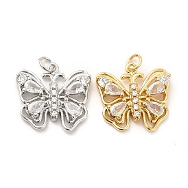 Rack Plating Brass Cubic Zirconia Pendants, Hollow Butterfly Charm, Long-Lasting Plated, with Jump Rings, Cadmium Free & Lead Free
