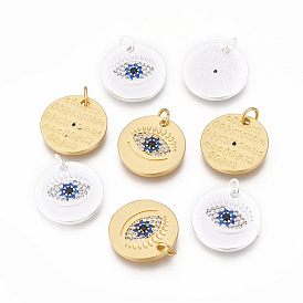 Brass Micro Pave Cubic Zirconia Pendants, Flat Round with Eye
