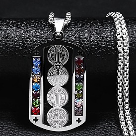 304 Stainless Steel Colorful Rhinestone Rectangle with Saint Benedict Medal Pendant Necklaces, Box Chains Necklace for Women Men