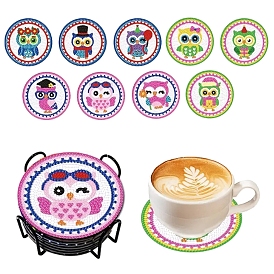 9Pcs Birds DIY Diamond Painting Coaster Kits, Including Acrylic Rhinestones Bag, Diamond Sticky Pen, Tray Plate and Glue Clay, Owl