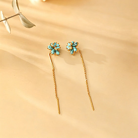 Pendientes de latón y turquesa sintética para mujer, flor, dorado