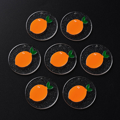 Cellulose Acetate(Resin) Pendants, with Glitter Powder, Flat Round with Lemon