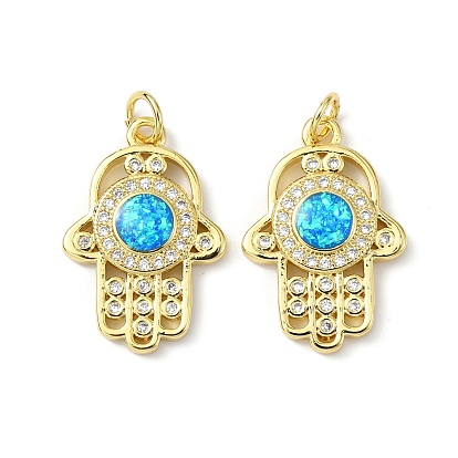 Micro cuivres ouvrent pendentifs zircone cubique, sans cadmium et sans plomb, avec opale synthétique et anneau de saut, Hamsa main
