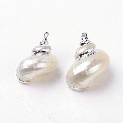 Electroplate Spiral Shell Pendants, with Iron Findings, Platinum, Conch, 24~37x18~28x13~23, Hole: 2mm