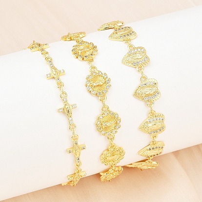 Браслеты-цепочки из латуни с микропаве из прозрачных кубических цирконий на тему Девы Марии для женщин, стойки покрытие, долговечный, без свинца и без кадмия, реальный 18 k позолоченный