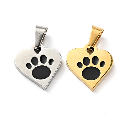 304 pendentifs en émail à polissage manuel en acier inoxydable, coeur avec paw print