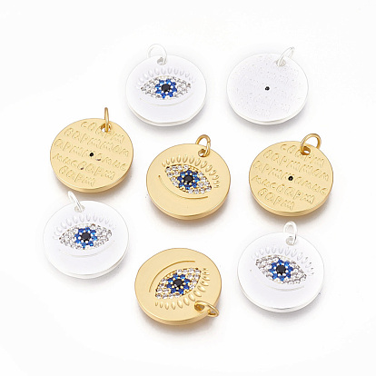Brass Micro Pave Cubic Zirconia Pendants, Flat Round with Eye