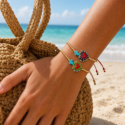 2pcs 2 Pulseras trenzadas de cuentas de cristal y cruz de turquesa sintética teñida en varios colores para mujer, Pulseras apilables ajustables con cuentas redondas de latón, dorado