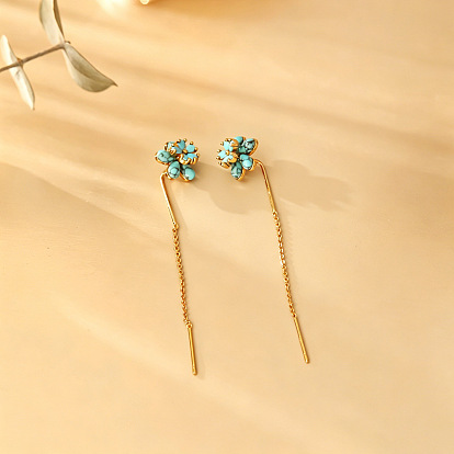 Pendientes de latón y turquesa sintética para mujer, flor, dorado