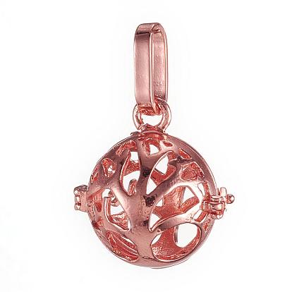 Brass Cage Pendants, For Chime Ball Pendant Necklaces Making, Cadmium Free & Nickel Free & Lead Free, Hollow Round with Tree