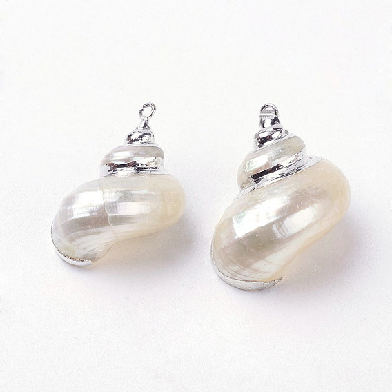 Electroplate Spiral Shell Pendants, with Iron Findings, Platinum, Conch, 24~37x18~28x13~23, Hole: 2mm