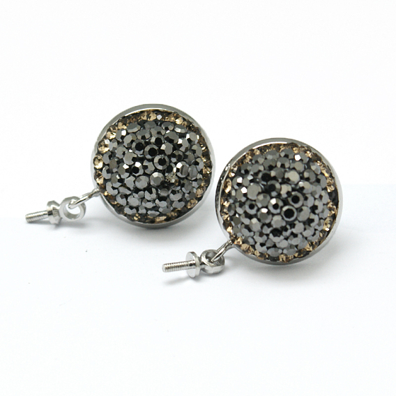 Плоские круглые латунные серьги-гвоздики со стразами, с петлей, с ушными гайками / серьгами, 18.5x14x7 мм, отверстия: 2 мм, штифты: 0.7 мм