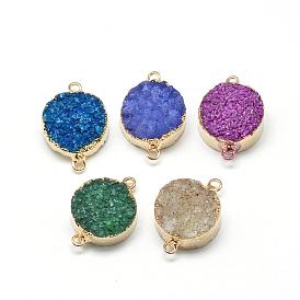 Natural Druzy Agate Links Connectors, with Brass Findings, Dyed, Flat Round