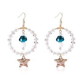 Большие круглые серьги с подвесками из стеклянных бусин, женские серьги-подвески в виде грибов и латунных звезд лэмпворк