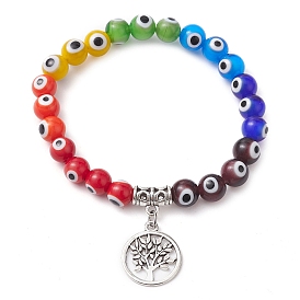 7-Color 8mm Round Alloy Handmade Evil Eye Lampwork Stretch Bracelets, Tree of Life Charm Bracelets for Women