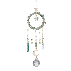 Natural Gemstone Chip Pendant Decorations with Brass Moon & Cable Chain & Electroplated Quartz Crystal Tassel, Faceted Round Glass Crystal Ball & Star Prism Suncatchers