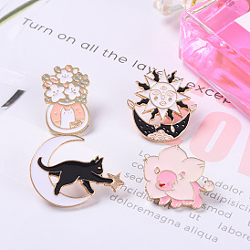 Cute Cartoon Moon Cat Flower Brooch Pin for Women's Accessories