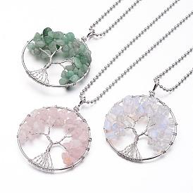 Tree of Life Mixed Stone Big  Pendants Necklaces, with 304 Stainless Steel Ball Chain, Stainless Steel Color