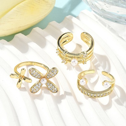 Кольца-манжеты из латуни с микропаве из кубического циркония и имитацией жемчуга, двойное кольцо с жемчужным цветком