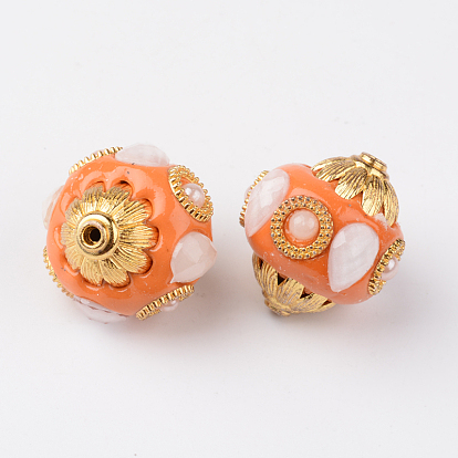 Round Handmade Indonesia Beads, with Acrylic and Alloy Cores, Golden, 24~25x22~23mm, Hole: 1.6~2mm