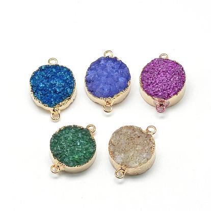 Natural Druzy Agate Links Connectors, with Brass Findings, Dyed, Flat Round