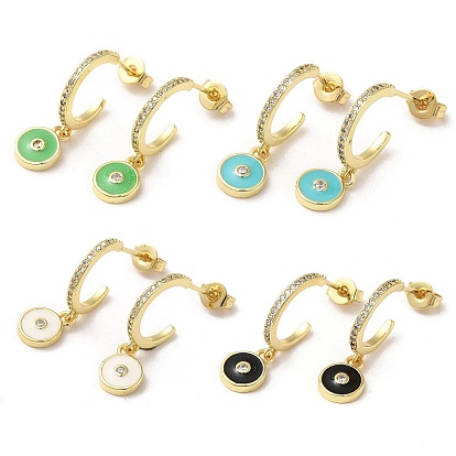 Anillo y mal de ojo aretes de latón chapado en oro real 18k, pendientes de medio aro con circonitas y esmalte
