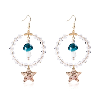 Большие круглые серьги с подвесками из стеклянных бусин, женские серьги-подвески в виде грибов и латунных звезд лэмпворк