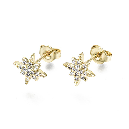 Brass Micro Pave Clear Cubic Zirconia Stud Earrings, with Ear Nuts, Nickel Free, Star