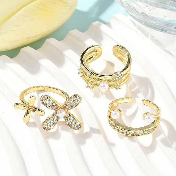 Кольца-манжеты из латуни с микропаве из кубического циркония и имитацией жемчуга, двойное кольцо с жемчужным цветком